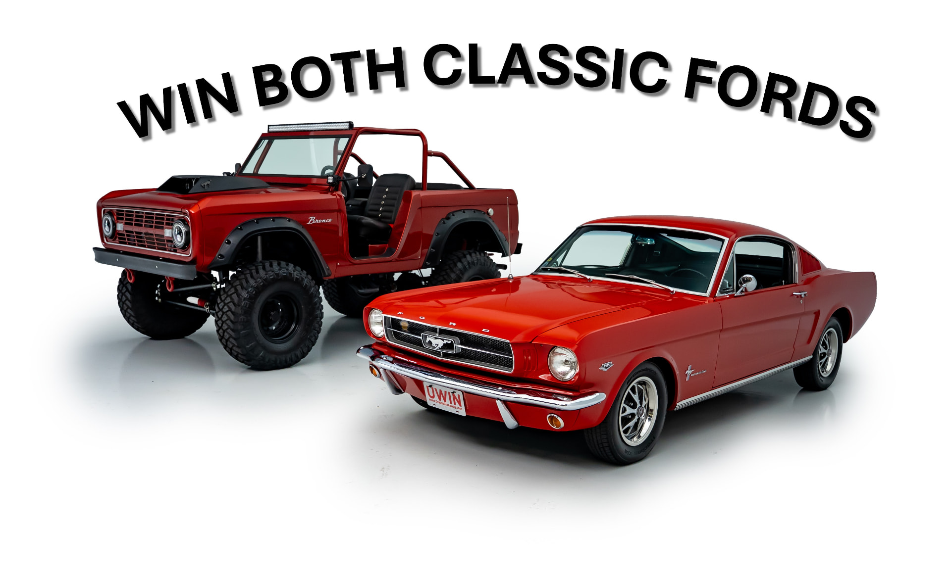 Win both classic Fords: a red Ford Bronco and a red 1965 Ford Mustang fastback